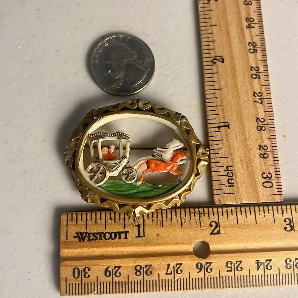 Celluloid Lovers Chariot Brass Frame Colored Carved Brooch Pin Carriage Vintage